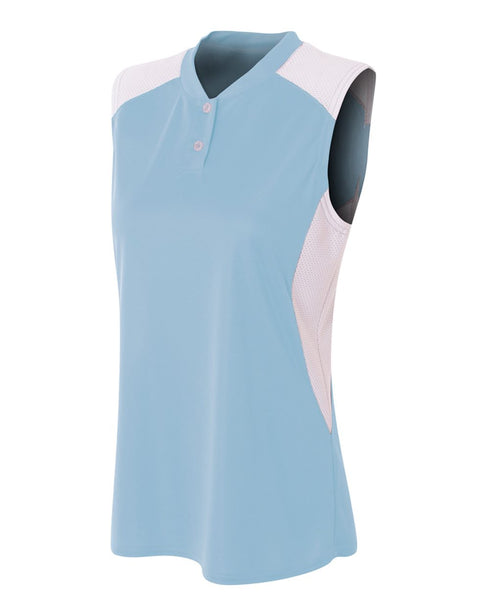 A4 Womens Sleeveless Henley w/ Stretch Mesh Contrast (NW3318), Color 'Light Blue/White'